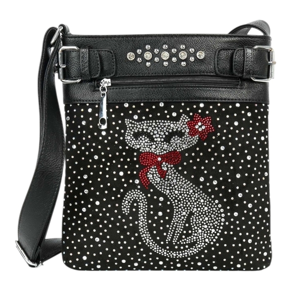 Handbags - Black Rhinestone Cat Crossbody Bag with Red Accents